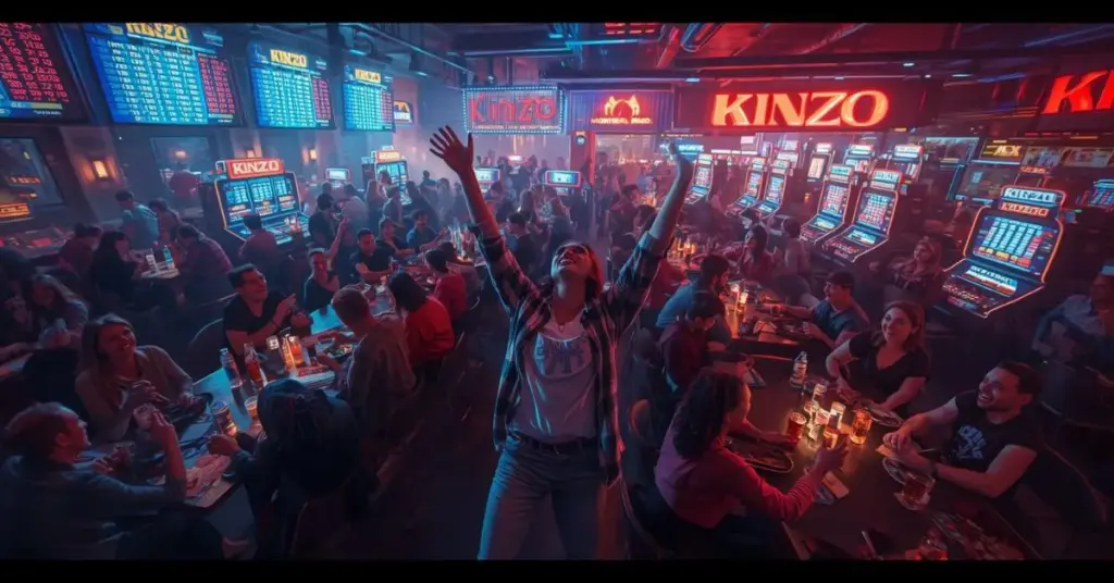 Salle de jeu Kinzo animée à Montréal, remplie de joueurs autour de tables et de machines électroniques, avec une ambiance festive, des écrans lumineux et une personne célébrant bras levés au centre.