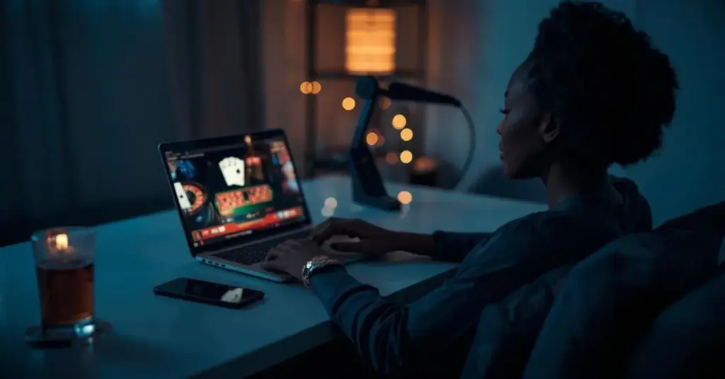 Personne jouant au casino en ligne sur un ordinateur portable dans un environnement calme à la maison, avec une ambiance tamisée et une interface de jeu affichée à l’écran.