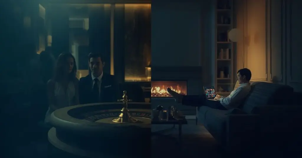 Image divisée montrant d’un côté une scène de casino avec une table de roulette et un couple élégant, et de l’autre une personne détendue à la maison jouant sur une tablette près d’une cheminée, illustrant le contraste entre casino physique et en ligne.