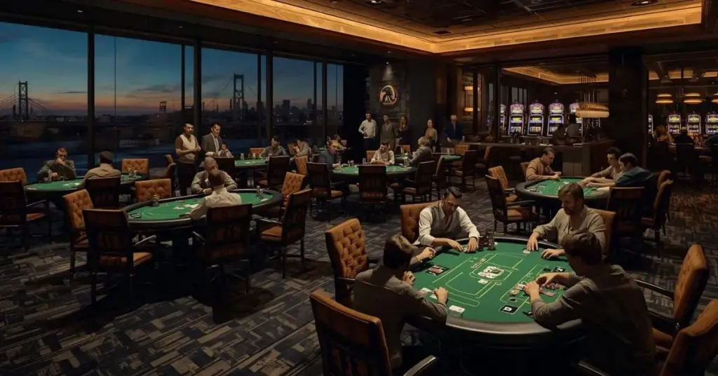 Grande salle de poker dans un casino moderne, avec plusieurs tables occupées par des joueurs, un éclairage chaleureux et de grandes baies vitrées offrant une vue sur une ville et un pont au crépuscule.