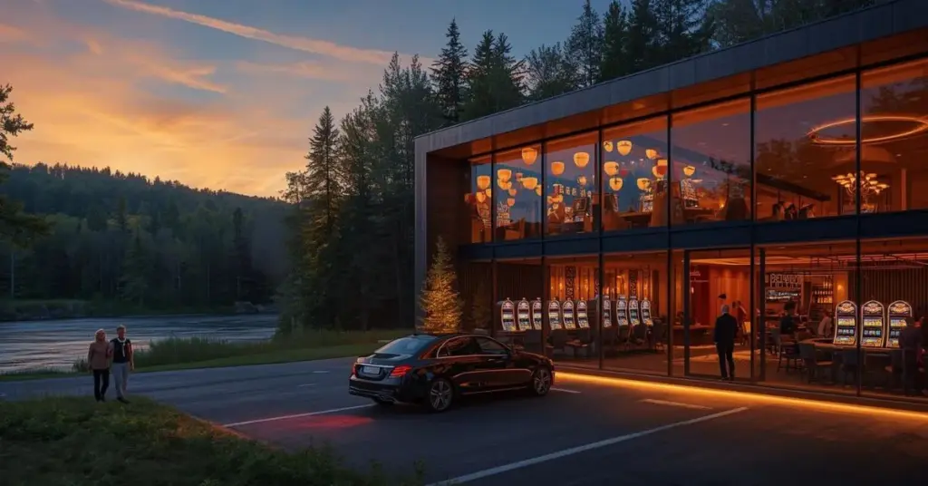 Bâtiment de casino moderne à façade vitrée au coucher du soleil, chaleureusement éclairé à l’intérieur avec des machines à sous visibles, entouré de forêt et d’une rivière, avec une voiture de luxe stationnée à l’extérieur et un couple marchant à proximité.