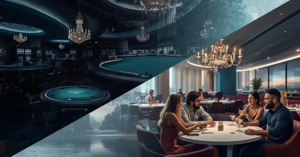 Image divisée montrant d’un côté une salle de casino luxueuse avec tables de jeu et lustres, et de l’autre un groupe d’amis élégants partageant un moment convivial autour d’une table dans un cadre raffiné.