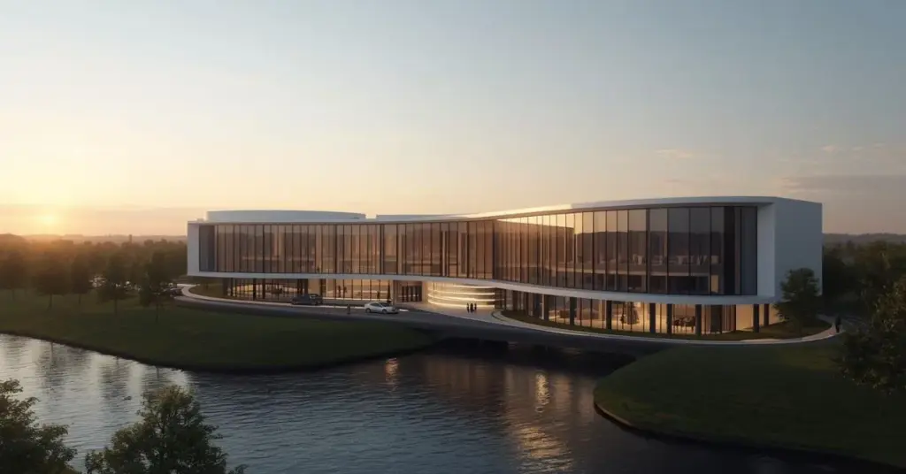 Bâtiment moderne de casino au design futuriste en bord de rivière au coucher du soleil, avec de grandes façades vitrées et une architecture élégante dans un environnement naturel.