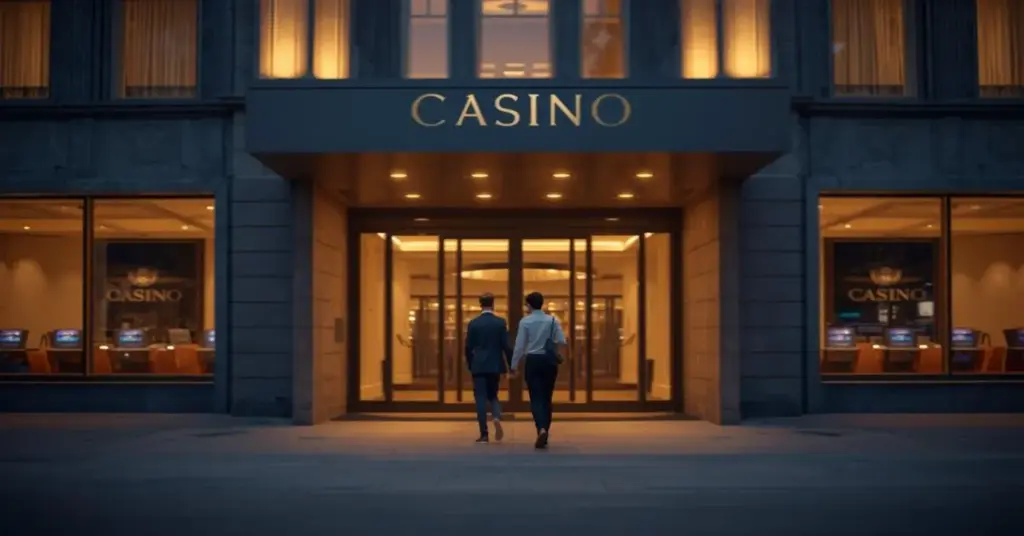Entrée élégante d’un casino éclairé la nuit, avec deux personnes en tenue soignée marchant vers les portes vitrées, créant une ambiance accueillante et raffinée.